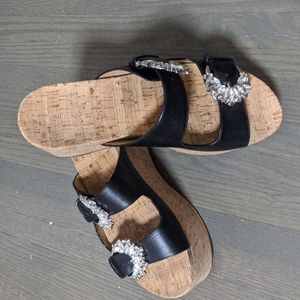 MICHAEL MICHAEL KORS Frances Embellished Leather and Cork Wedge Sandal Size 8.5